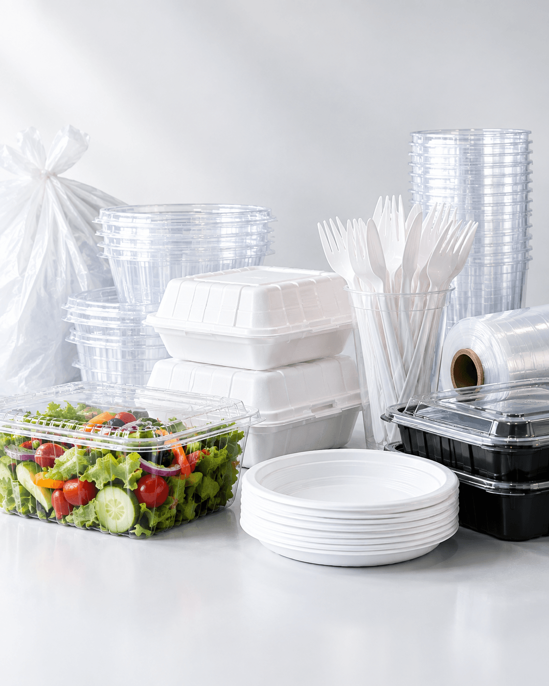 Plastic food-service products including containers, cutlery, plates, and packaging